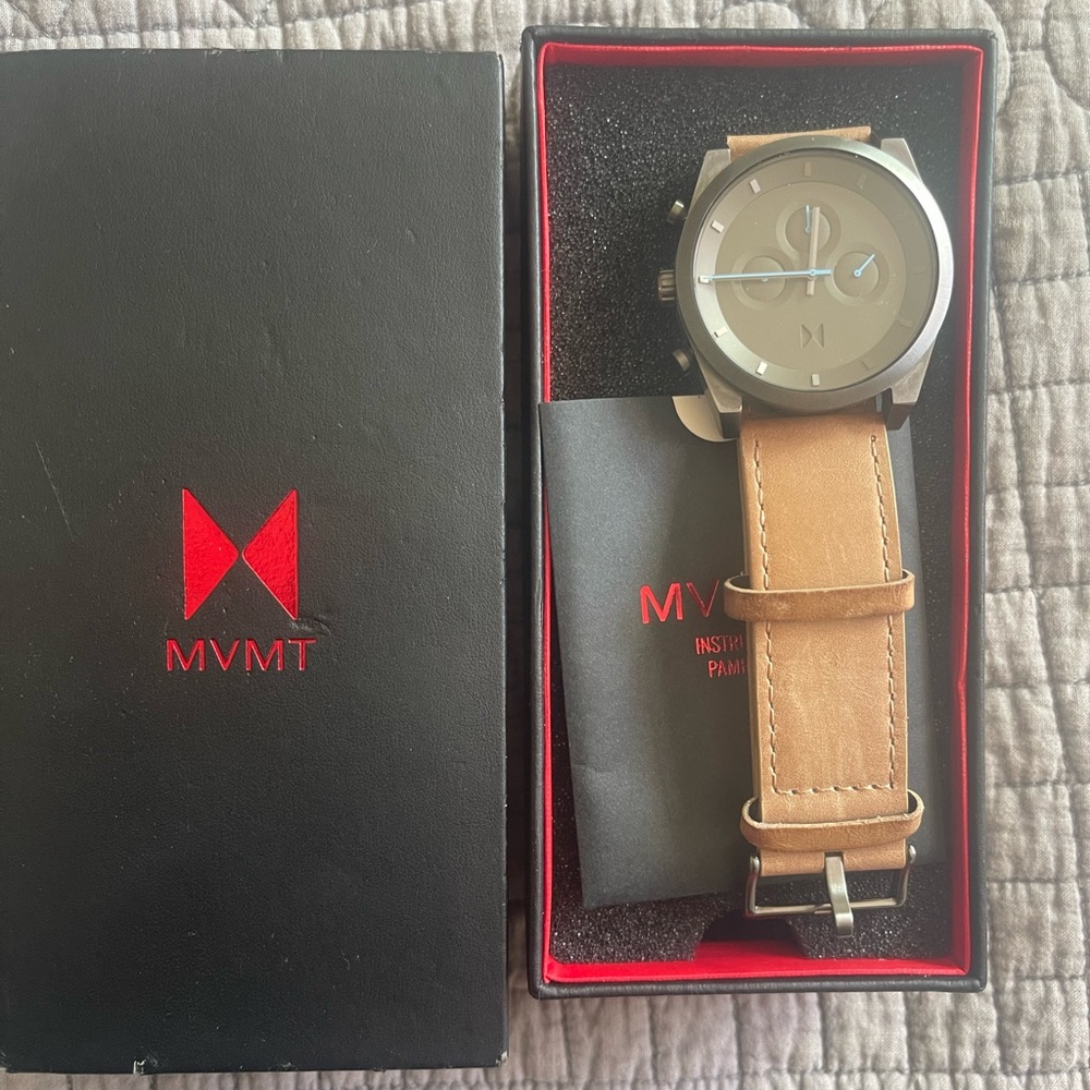 MVMT Silver Case Watch with Brown Leather Strap
